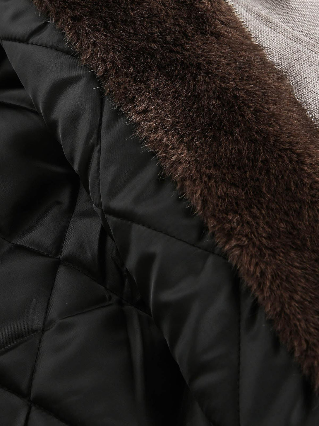 "Intricate look at TALISHKO's quilted jacket, focusing on plush fur collar texture."