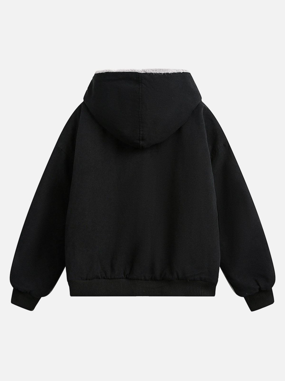 Back view of TALISHKO's black quilted jacket with a fur hood, emphasizing cozy design.