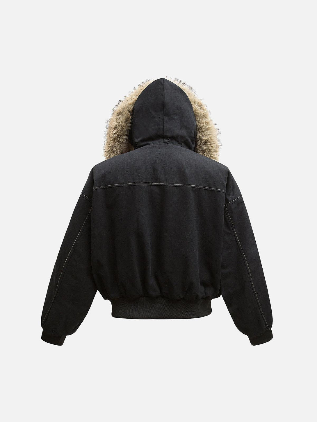 Back view of black TALISHKO bomber jacket with fur-lined hood, showcasing cozy winter style.
