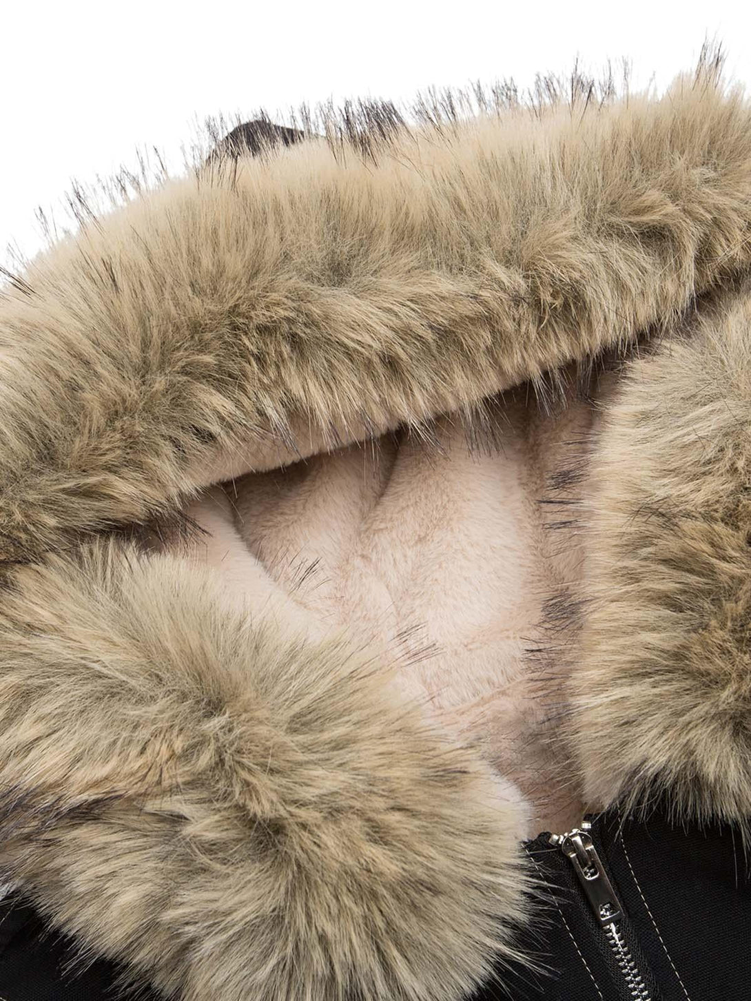 "Focusing on the luxurious fur lining of the TALISHKO bomber jacket's hood, offering cozy warmth."