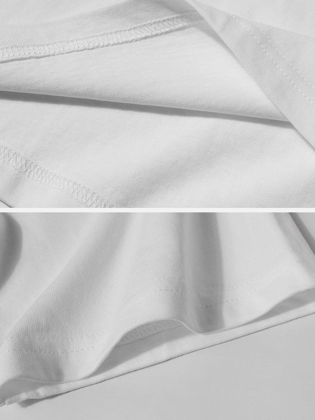 Detailed fabric and stitching of a white tee by TALISHKO, highlighting quality craftsmanship.