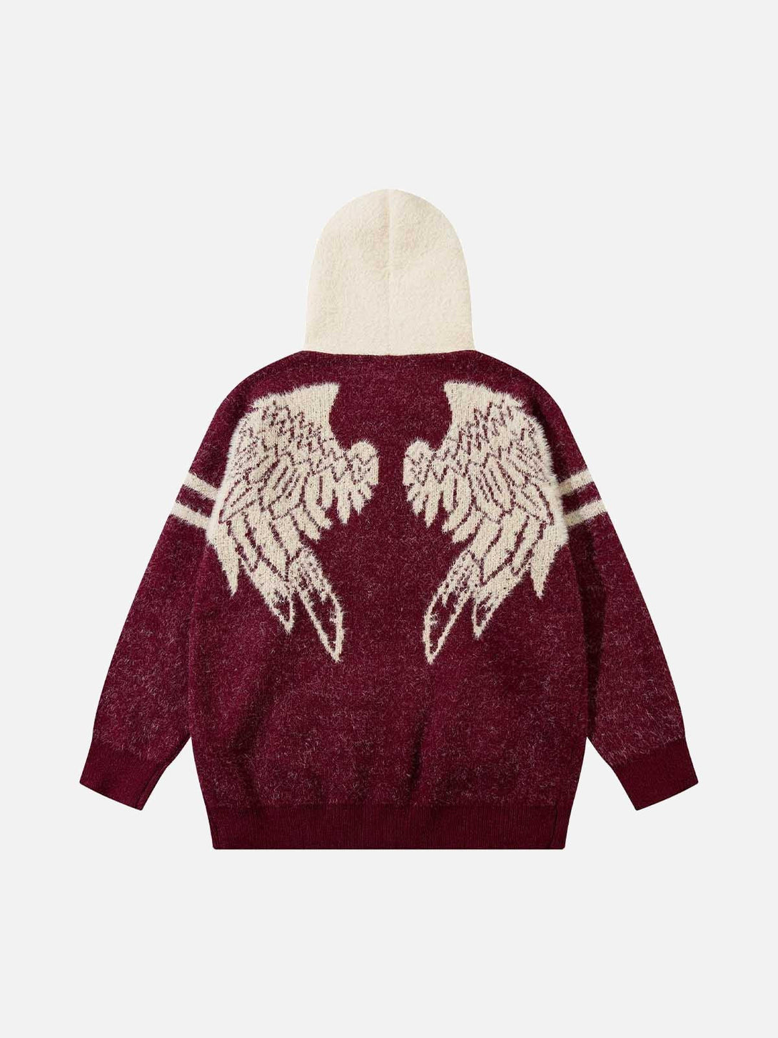 Back view of a maroon hooded sweater by TALISHKO, featuring angel wing design for a unique look.