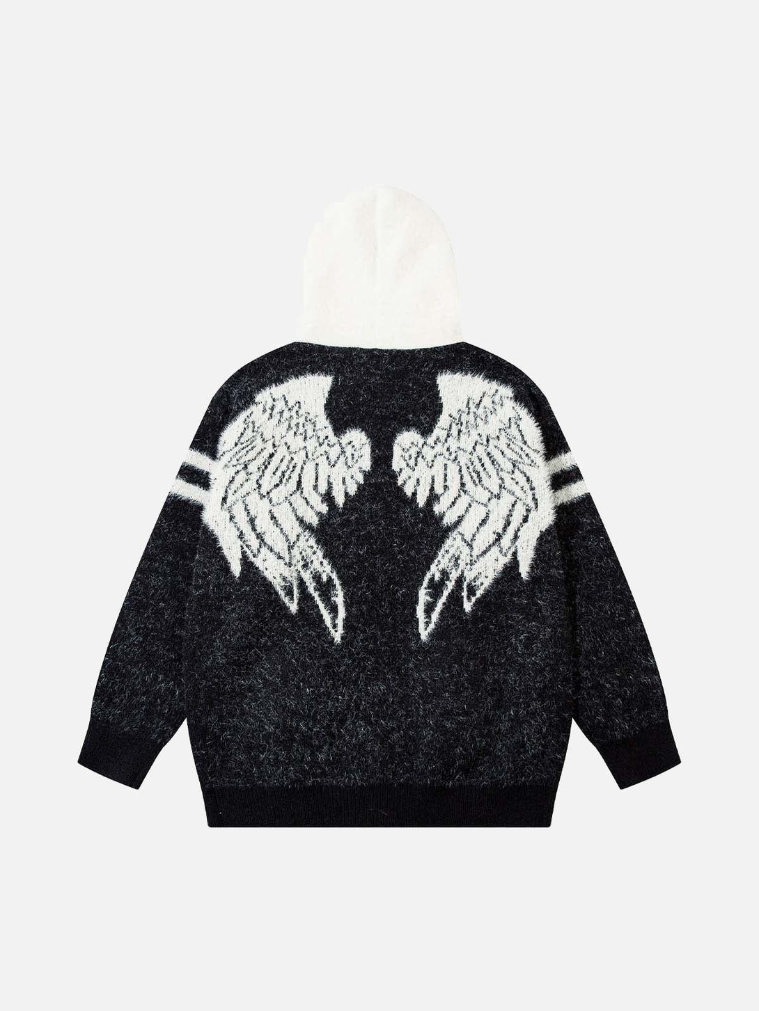 Fuzzy hooded sweater by TALISHKO with wing design on the back, adding unique flair.