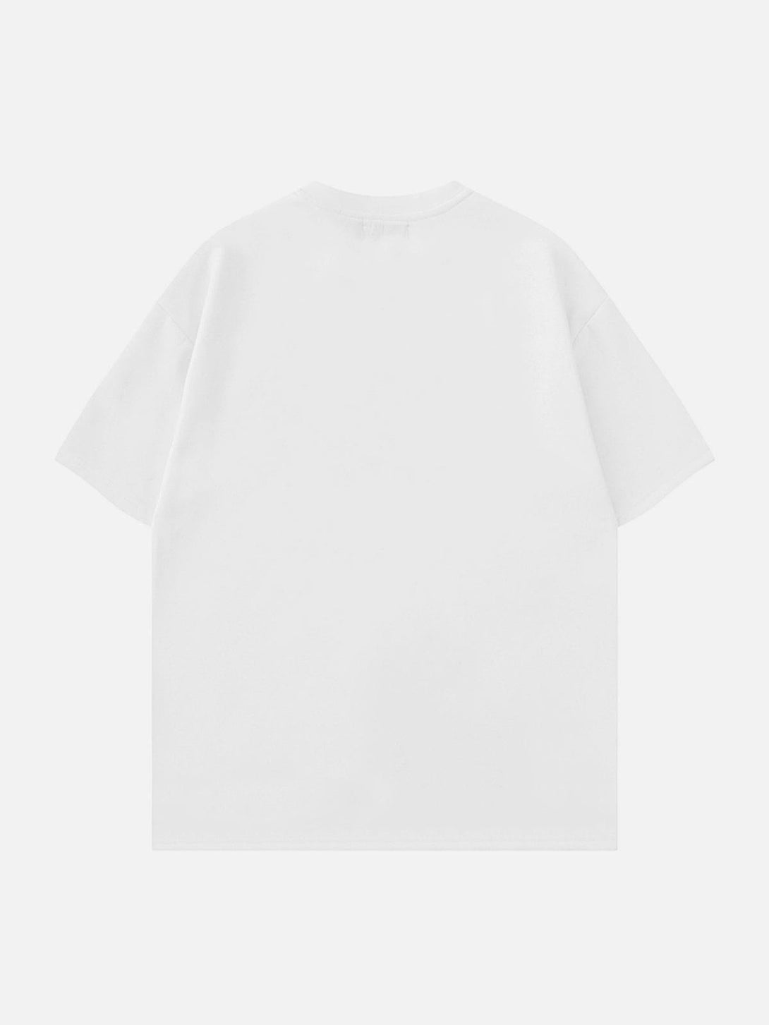 Back view of white graphic tee by TALISHKO, showcasing a simple and classic silhouette.