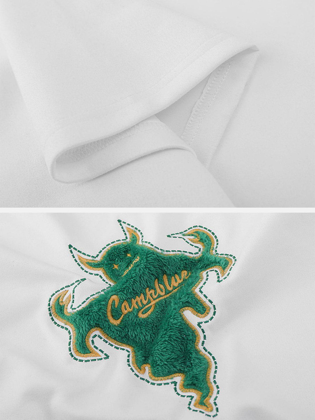 Intricate look at the green flocked genie graphic on the white tee by TALISHKO.