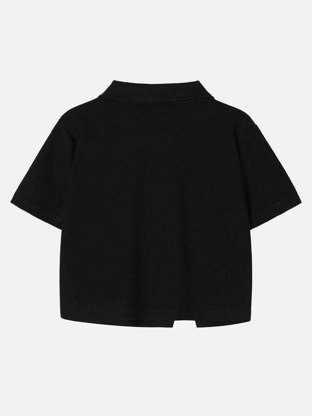 Back view of a black crop tee by TALISHKO, highlighting its minimalist design and classic fit.