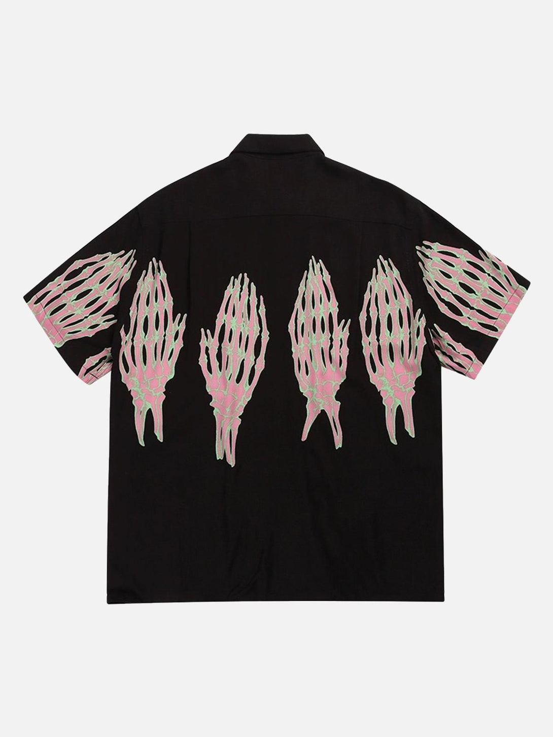 Back view of TALISHKO casual shirt featuring pink and green ghost hand designs on black fabric.