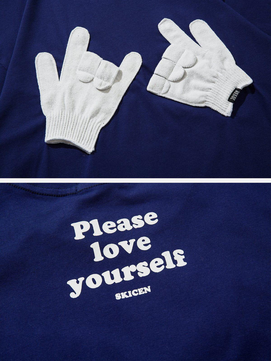 Detailed look at a blue TALISHKO graphic tee with white glove gestures and a motivational message.