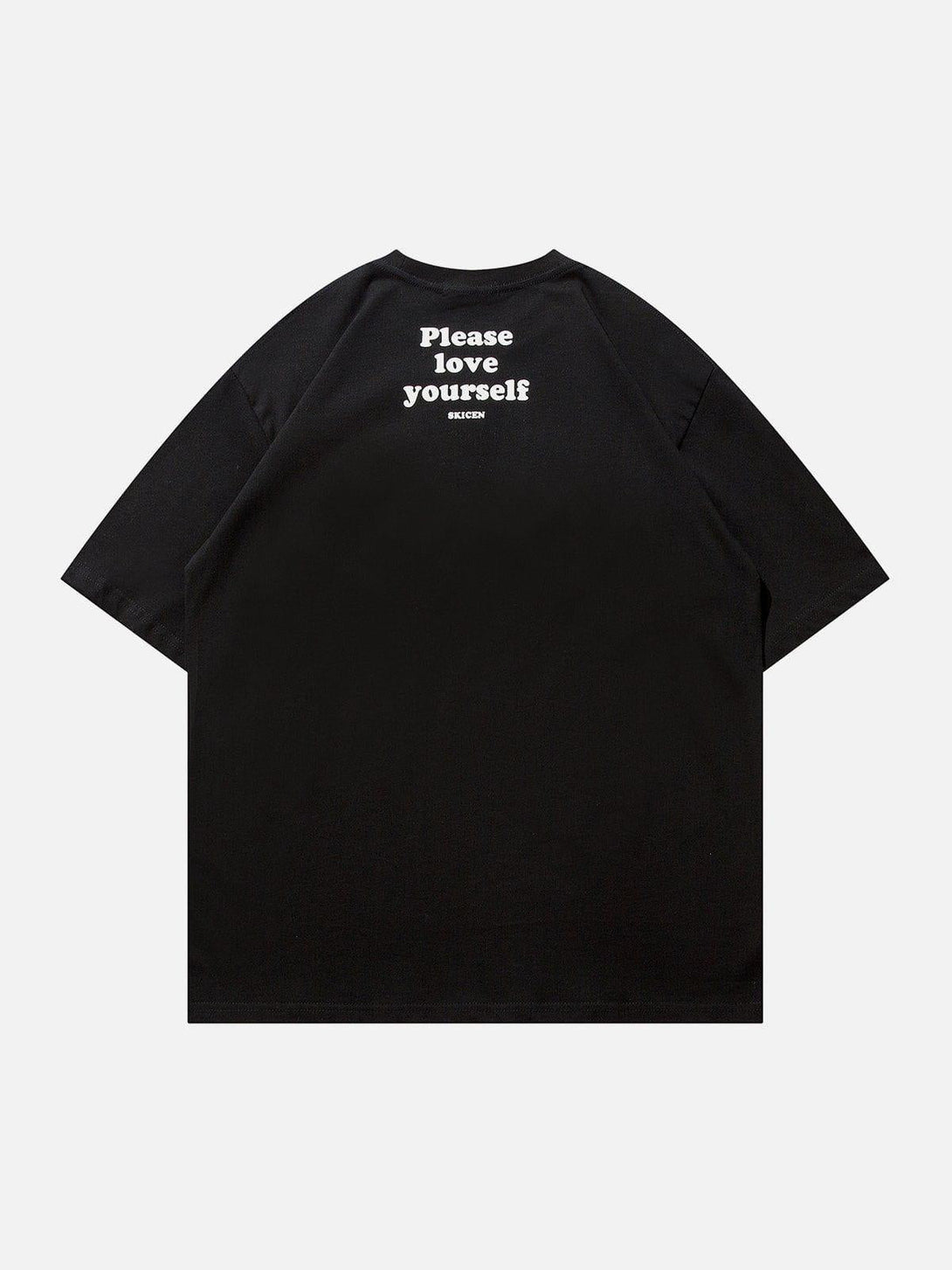 Back view of a black graphic tee with "Please love yourself" text by TALISHKO, great for casual days.