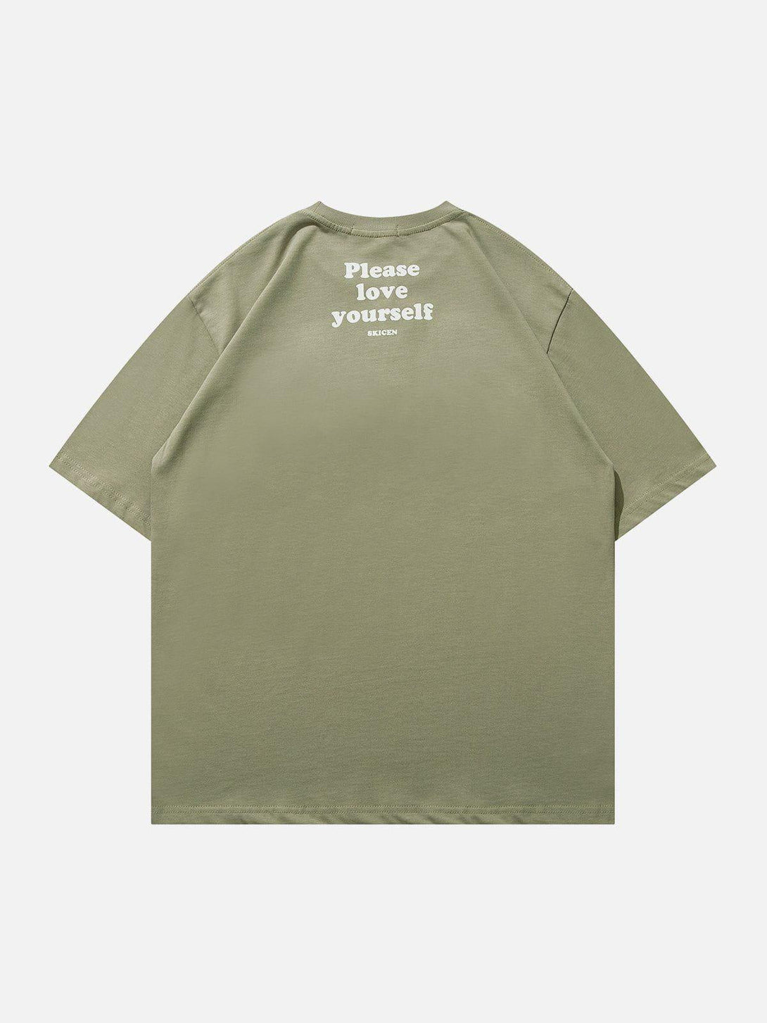 Back view of a green graphic tee with "Please love yourself" text, crafted by TALISHKO.