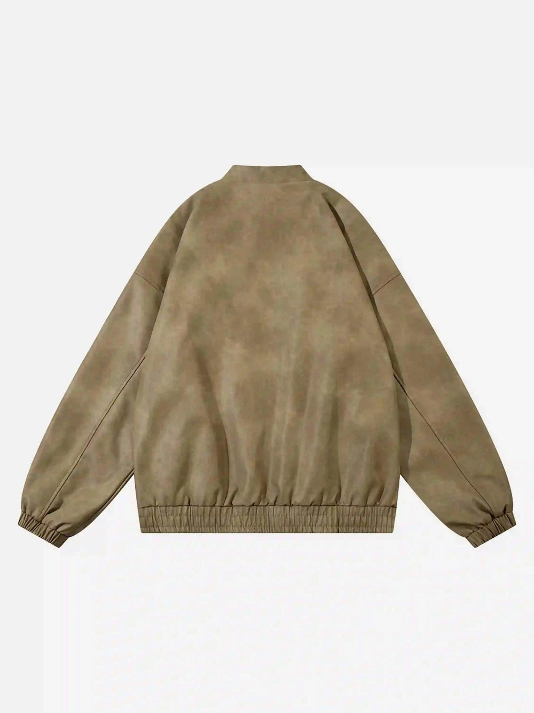 Back view of khaki racing collar jacket by TALISHKO, highlighting its relaxed fit and style.