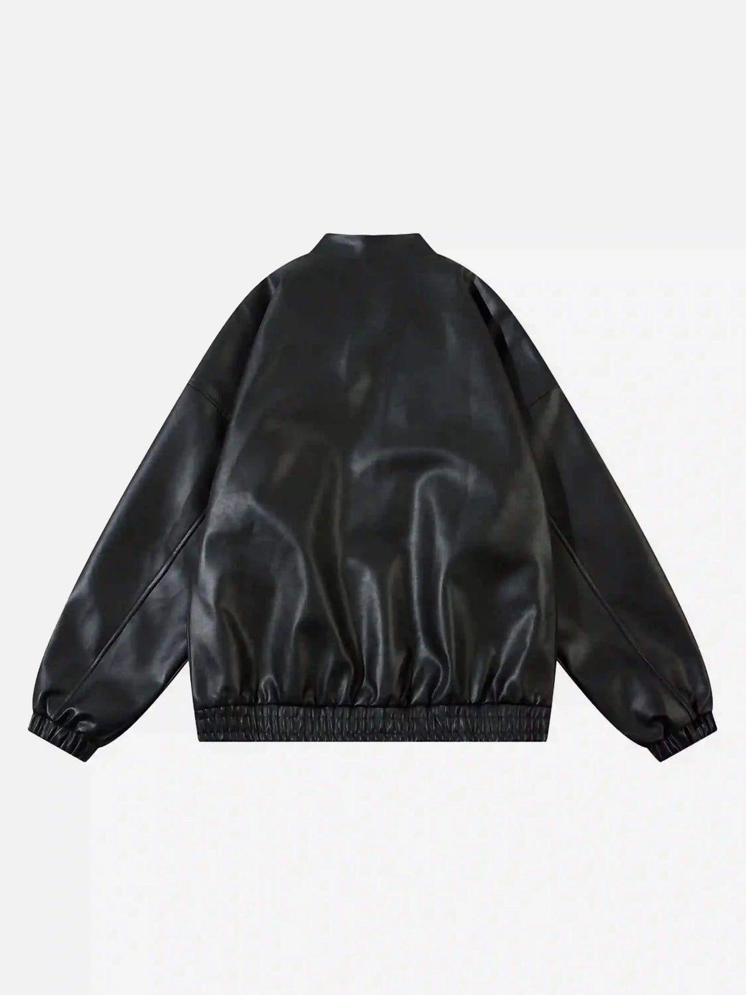 Back view of black racing collar jacket by TALISHKO with sleek design and elastic cuffs.