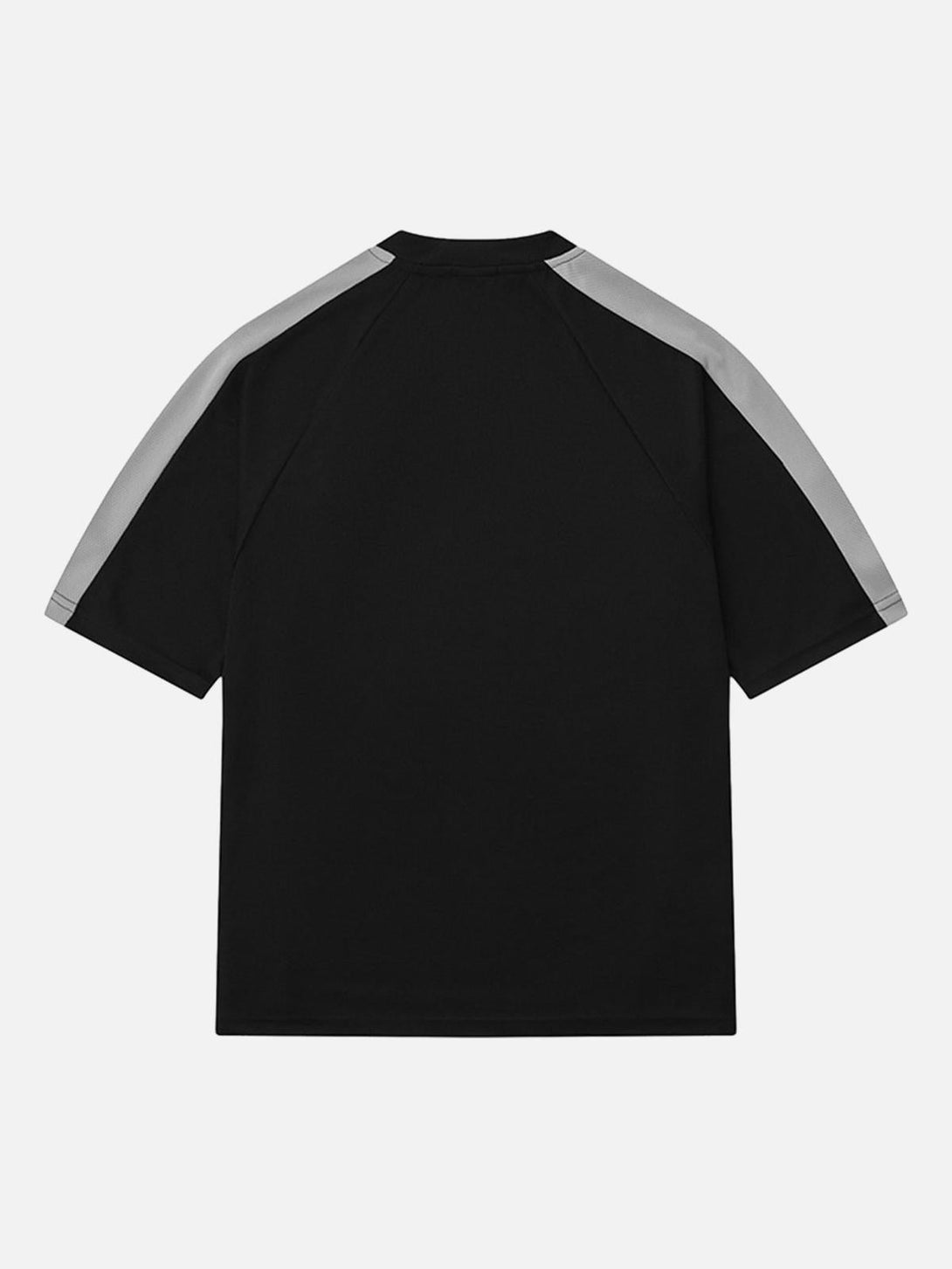 Back view of a black street rap t-shirt by TALISHKO, featuring gray shoulder accents.