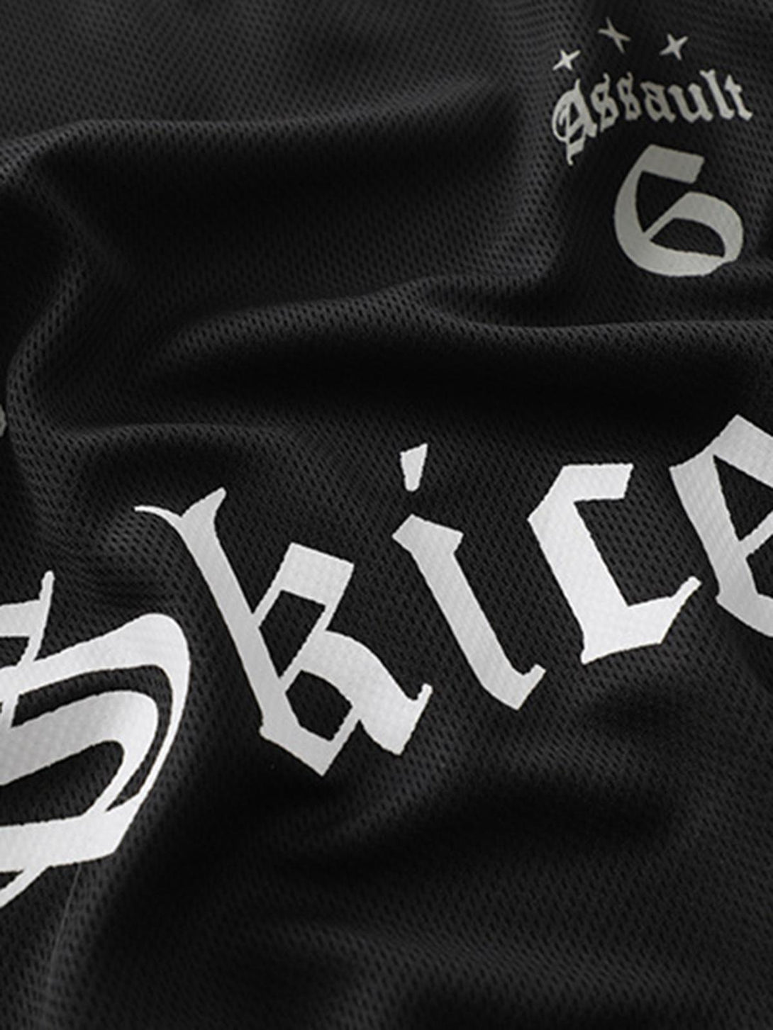 Intricate look at the Gothic font design on a black jersey street rap t-shirt by TALISHKO.