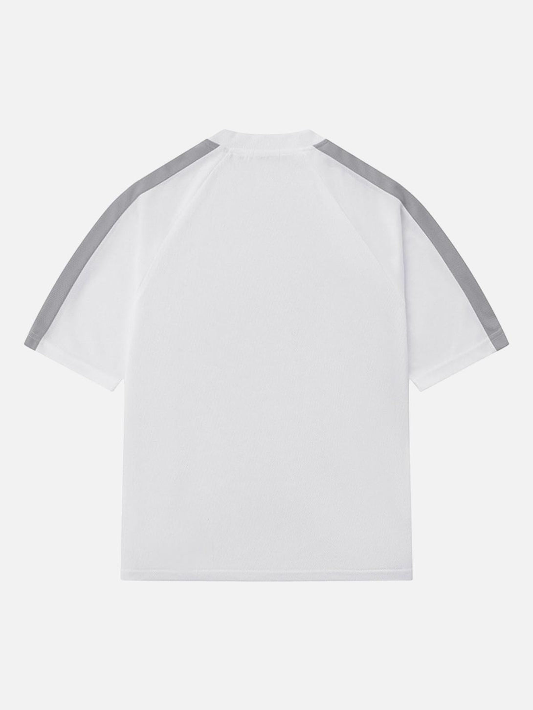 Back view of a white street rap t-shirt by TALISHKO, featuring gray shoulder accents.