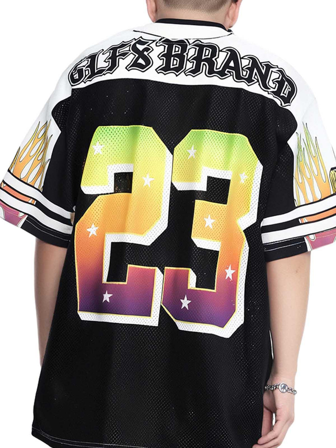 Back view of a TALISHKO Gothic-style jersey T-shirt featuring a colorful number 23 design.