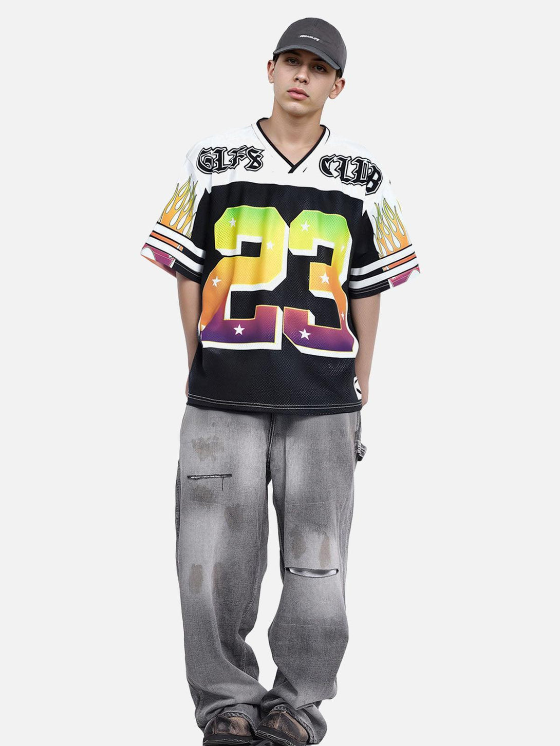 Model wearing a TALISHKO Gothic-style jersey T-shirt with colorful graphics and flame details.