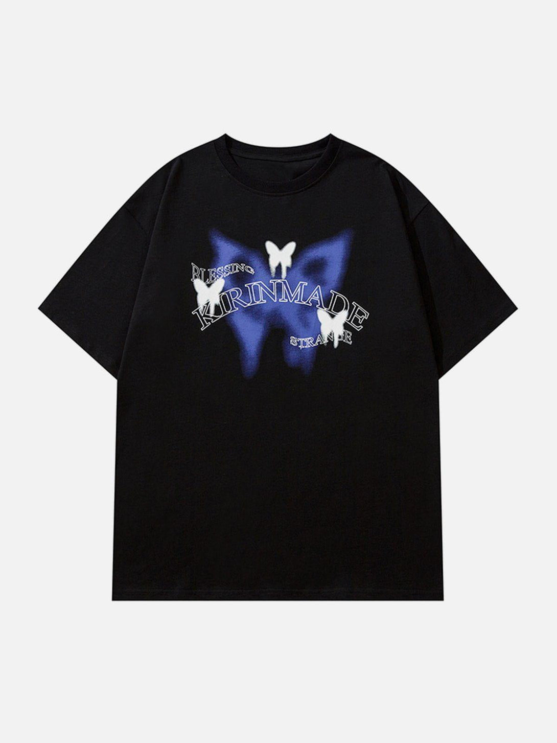 A black graphic tee by TALISHKO featuring gradient butterfly designs and text, ideal for casual style.