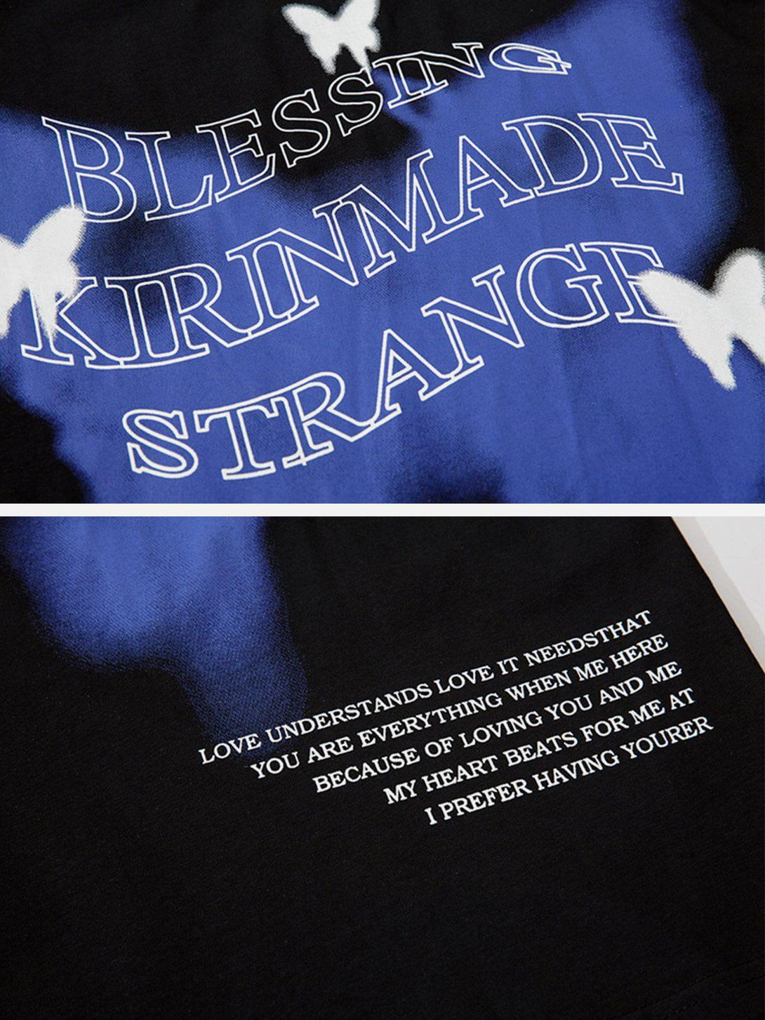 Gradient butterfly graphics and poetic text detail on a black tee by TALISHKO, perfect for summer vibes.