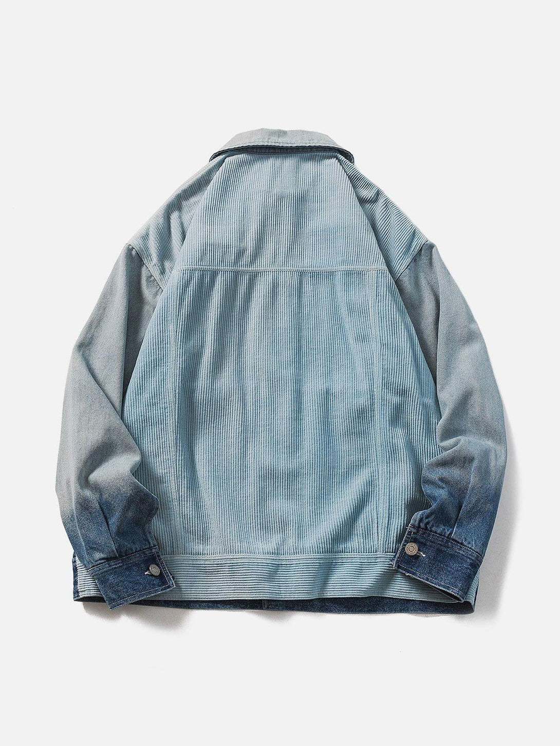 Back view of a gradient denim jacket by TALISHKO, showcasing its unique color fade design.