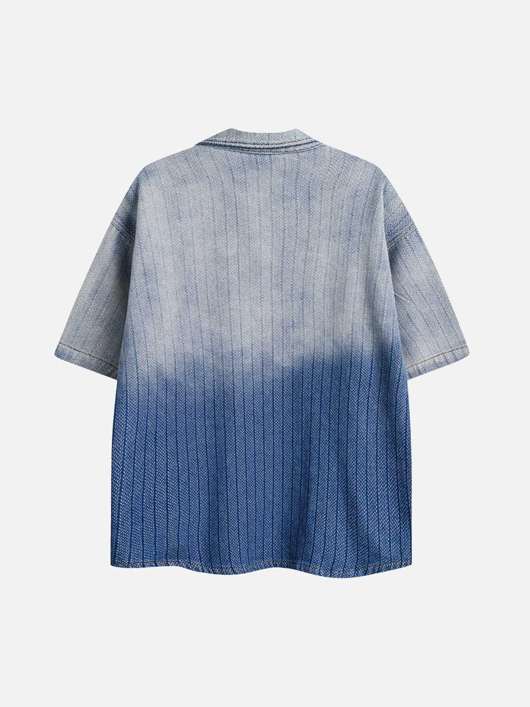 Back view of TALISHKO gradient denim short-sleeve shirt, showcasing unique color transition.