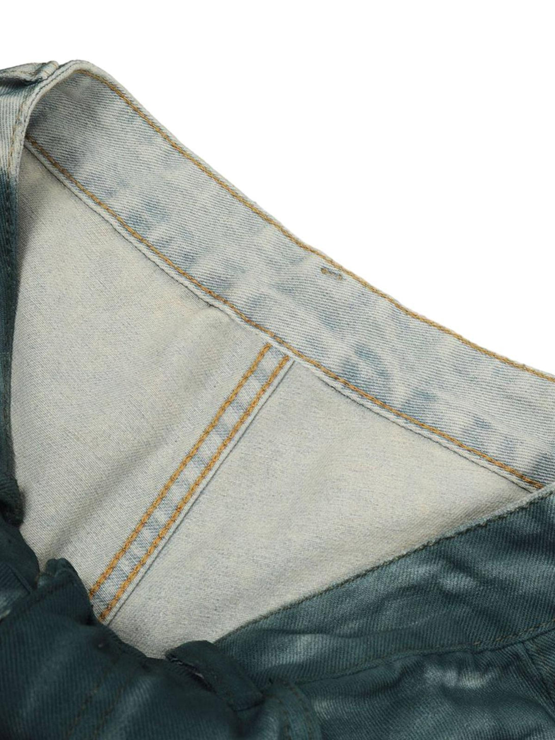Detailed fabric and stitching inside TALISHKO's gradient dip dye cargo jeans.