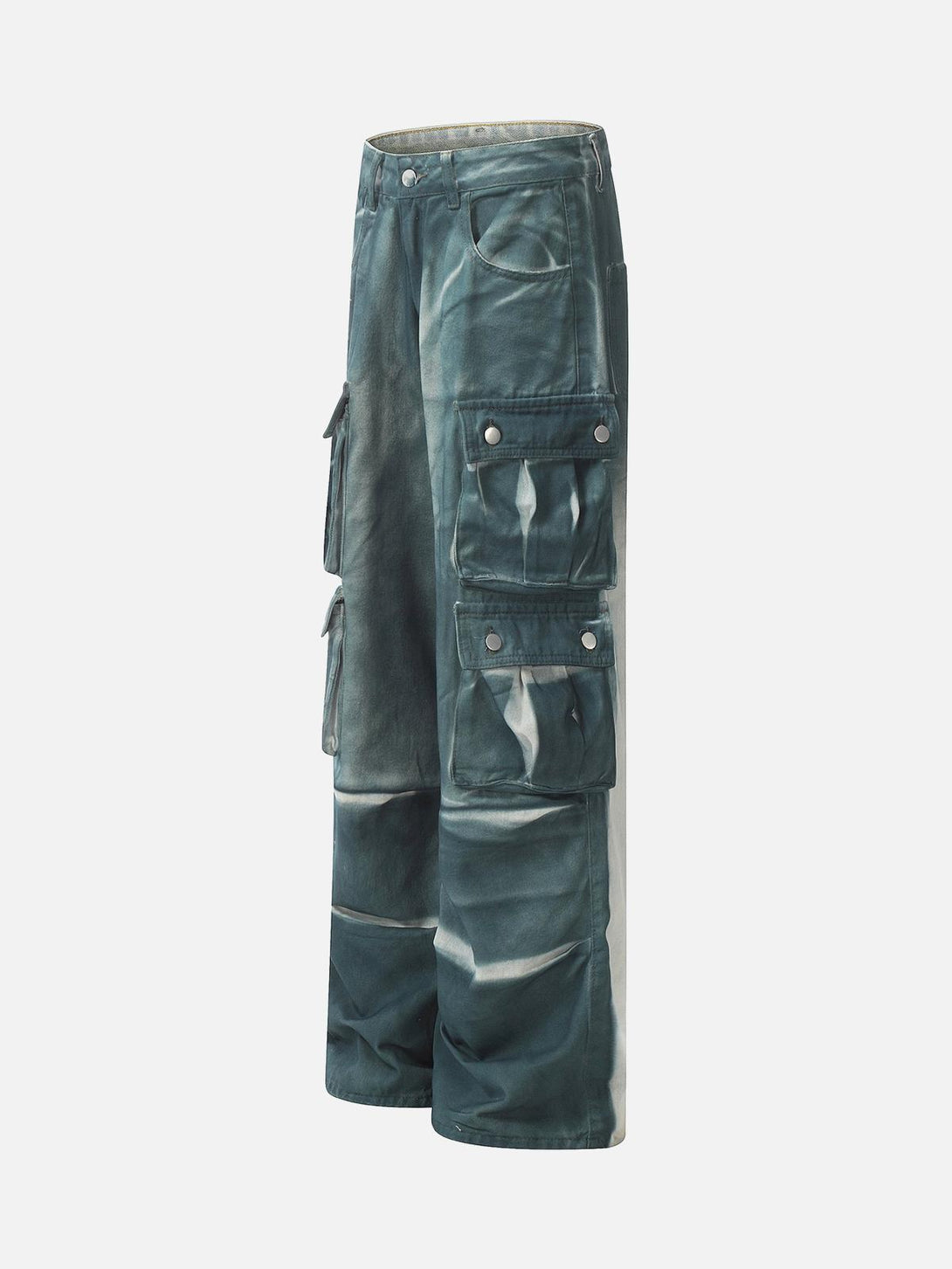 Side view of TALISHKO cargo jeans with multi-pocket design and gradient dip dye effect.