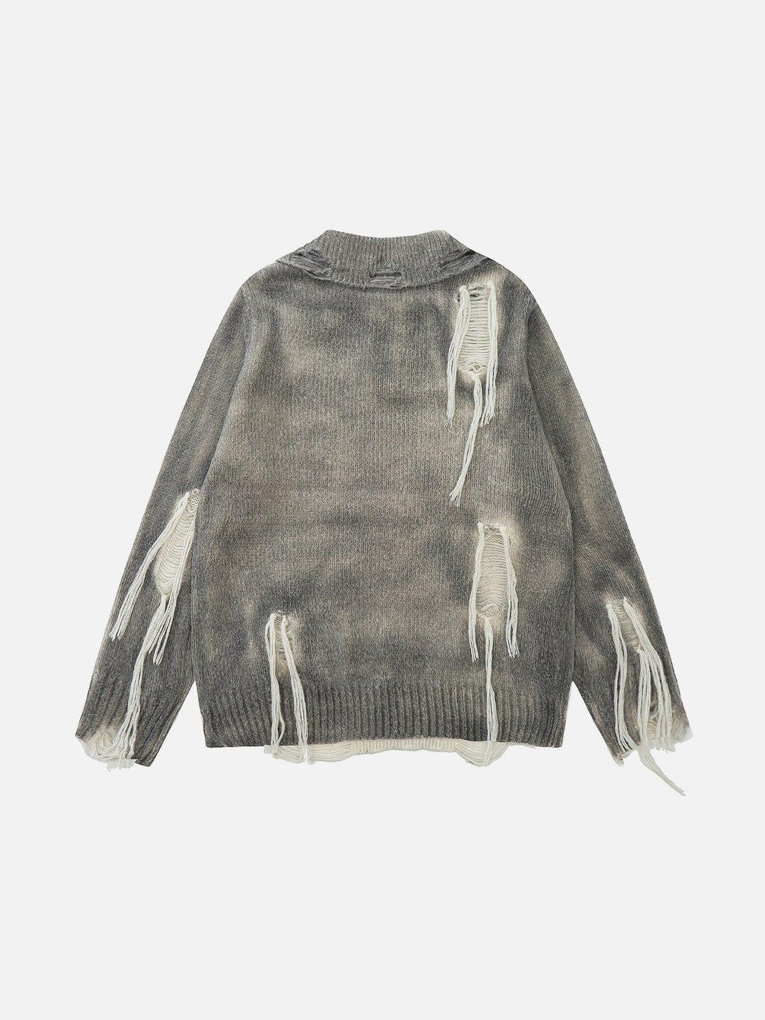 Back view of TALISHKO's gradient distressed polo sweater, highlighting its edgy, textured design.
