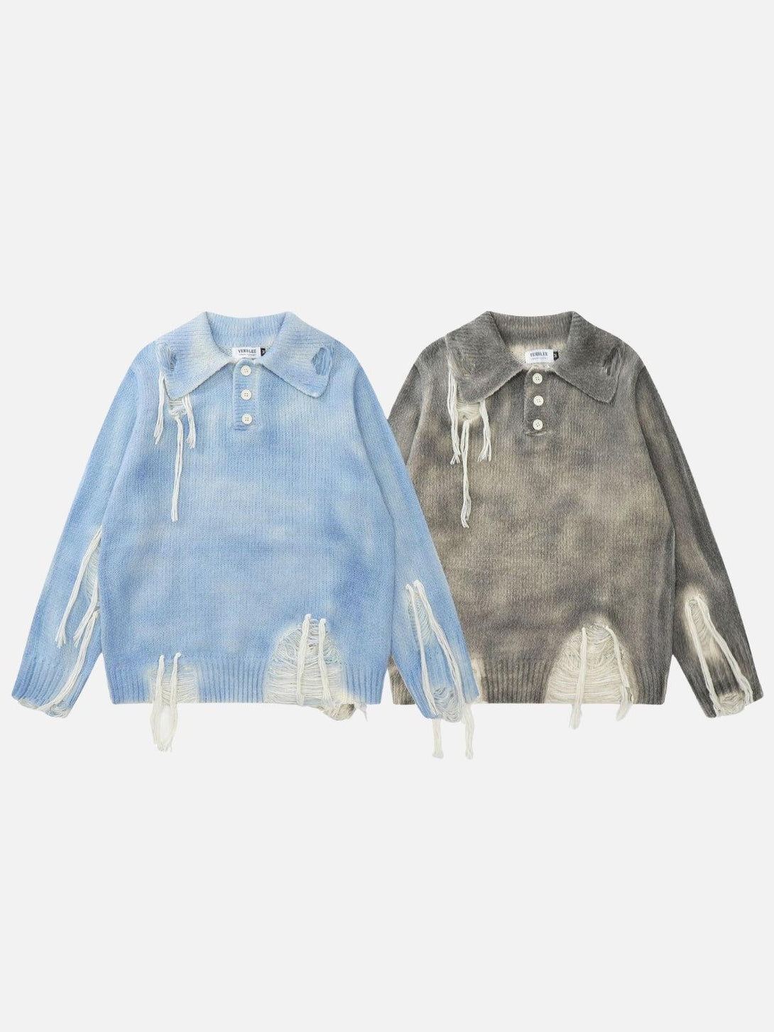 Gradient distressed polo sweaters by TALISHKO in blue and gray, showcasing a trendy style.