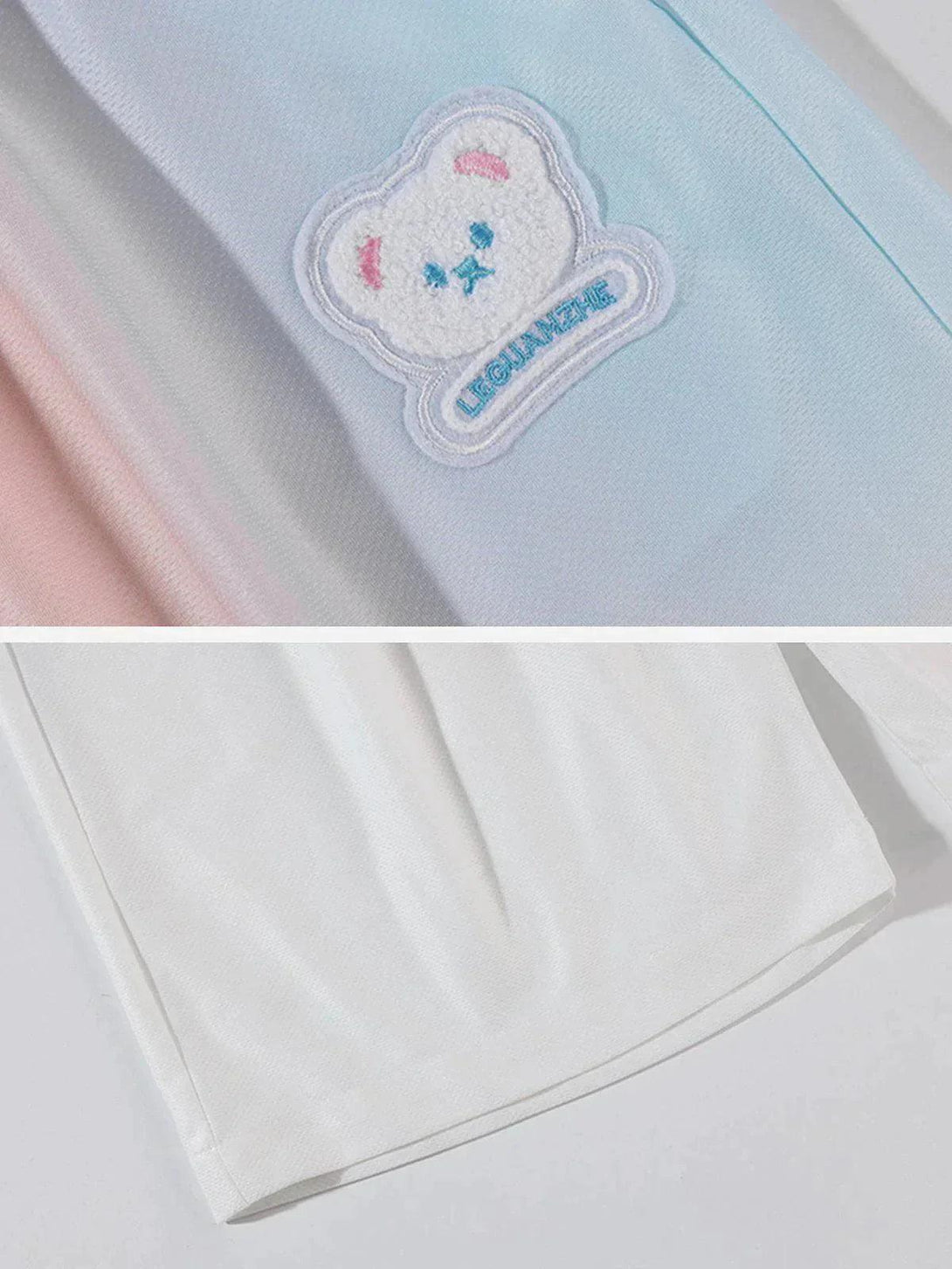 A detailed view of TALISHKO's gradient drawstring shorts featuring soft pastel hues and a cute bear patch.