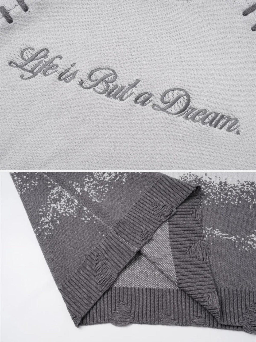 Detailed fabric and stitching on a gray TALISHKO sweater, highlighting elegant embroidery.