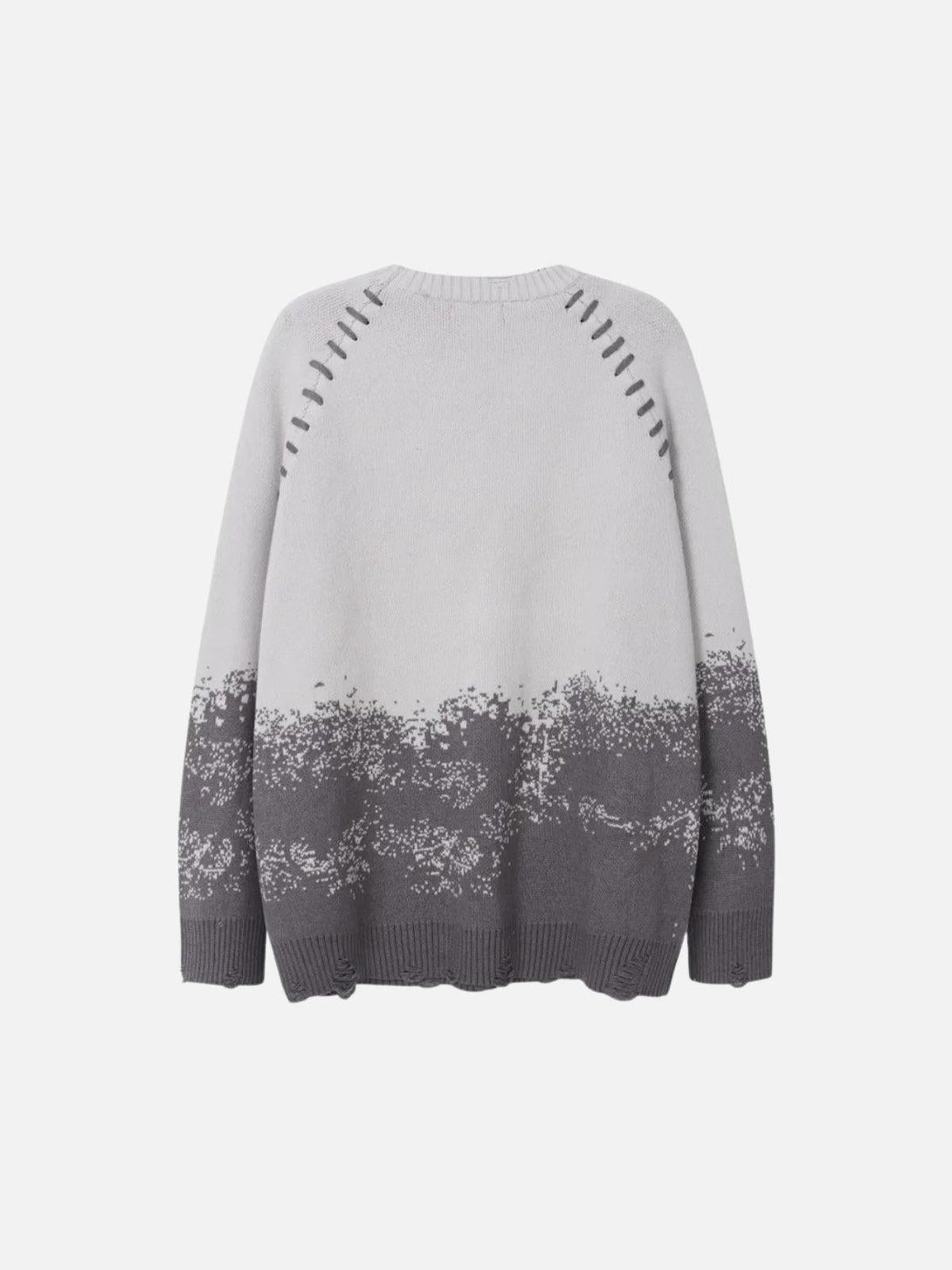 Back view of a gray gradient dyed sweater by TALISHKO, featuring unique embroidery details.