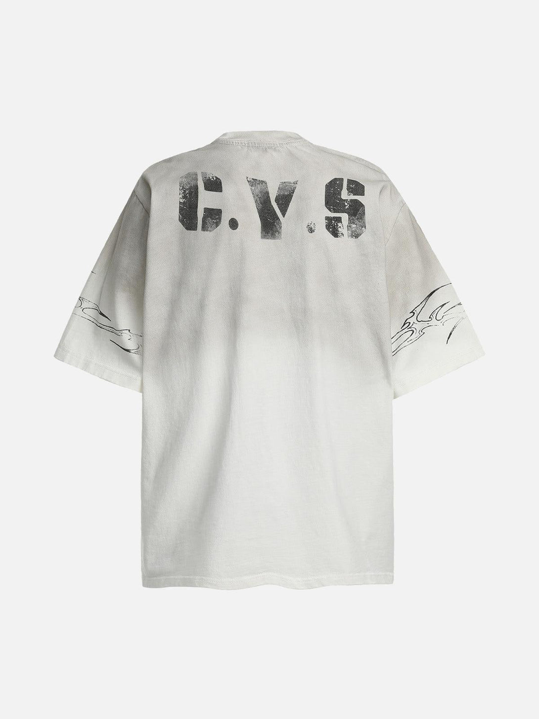 Back view of TALISHKO gradient graphic jersey t-shirt featuring bold "C.V.S" detail and sleeve graphics.
