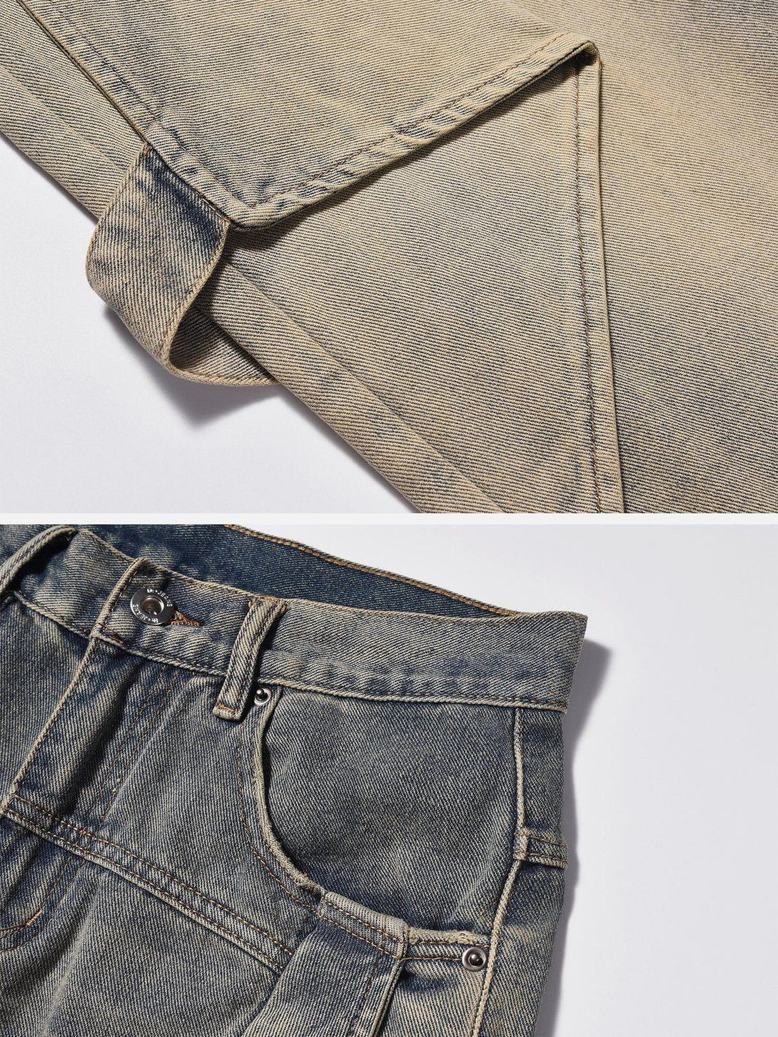 Detailed fabric and stitching on TALISHKO gradient patchwork jeans, showcasing unique design elements.