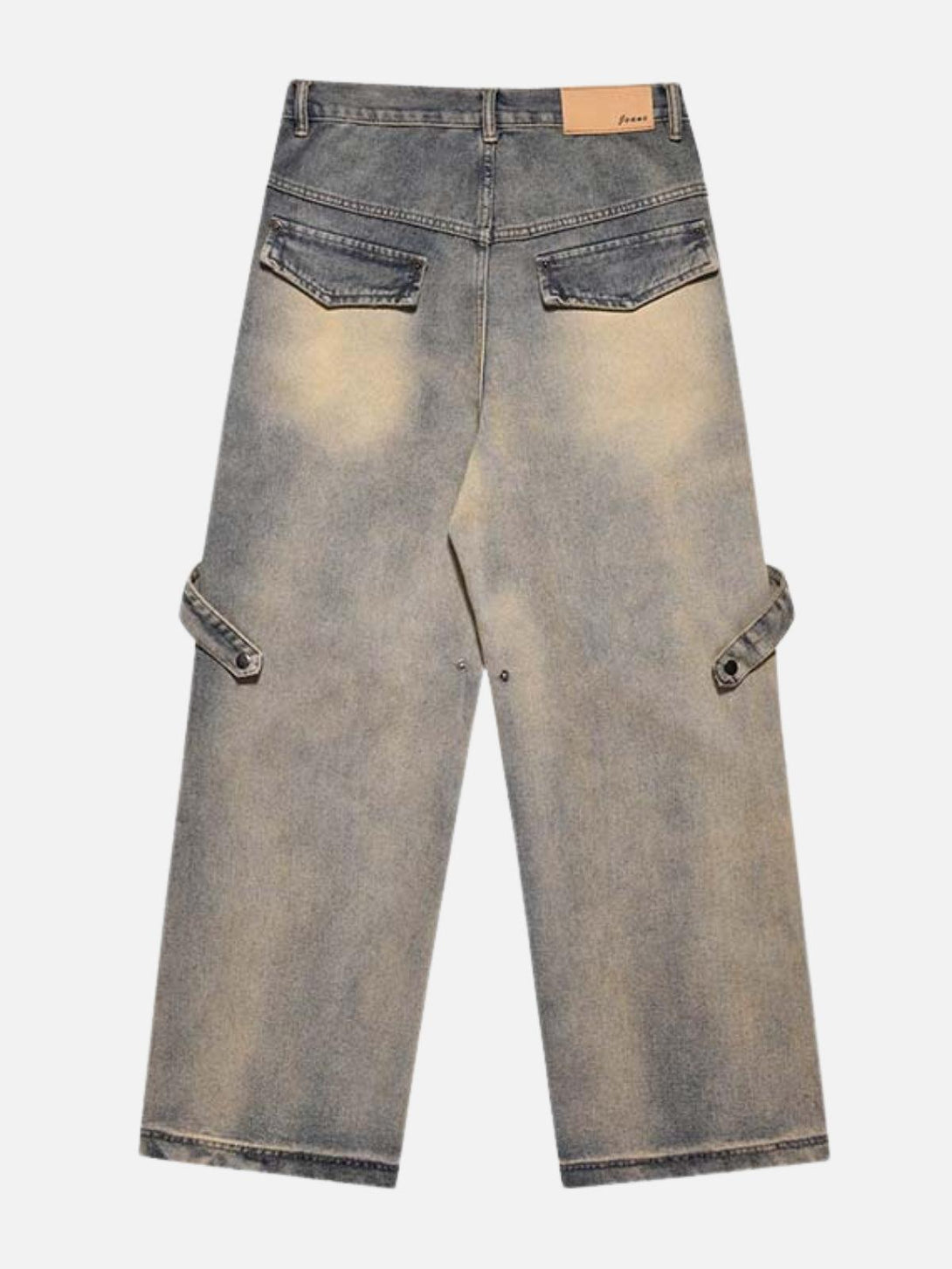 Back view of TALISHKO gradient patchwork jeans featuring an irregular design and wide-leg style.