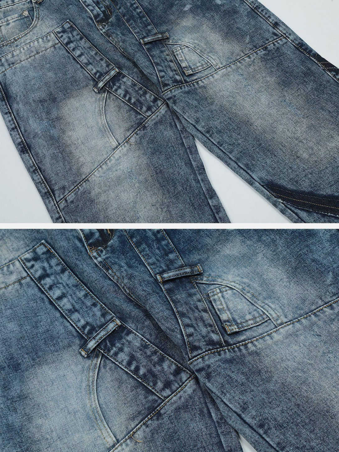Intricate look at TALISHKO gradient jeans, emphasizing unique pocket design and denim texture.