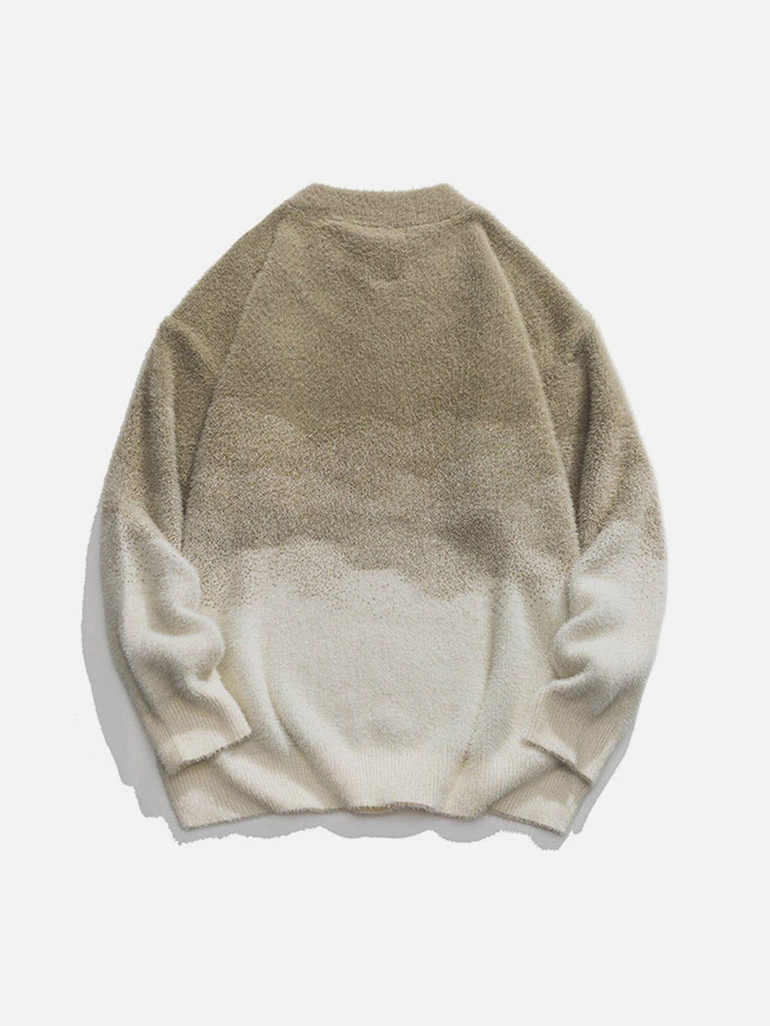 Back view of TALISHKO gradient knit sweater, highlighting its soft texture and earthy tones.