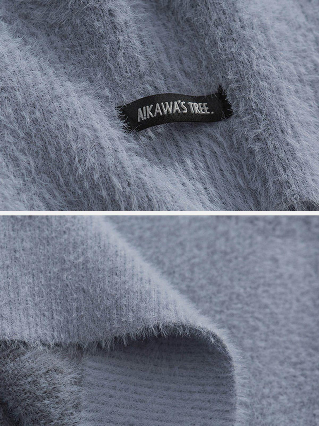 Texture and label detail of TALISHKO gradient knit sweater, highlighting soft, cozy fabric.