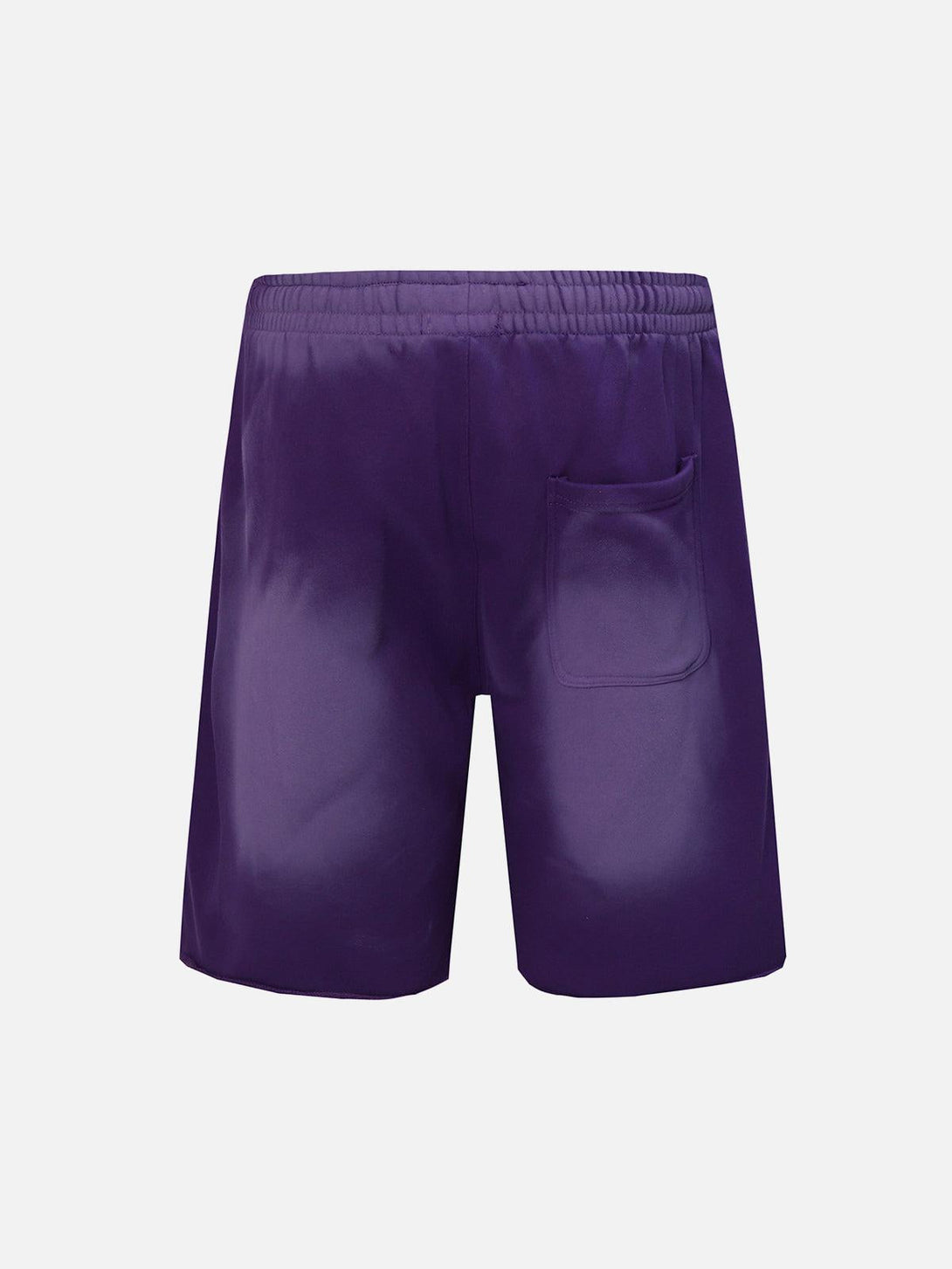Back view of TALISHKO purple gradient drawstring shorts, highlighting the pocket detail.