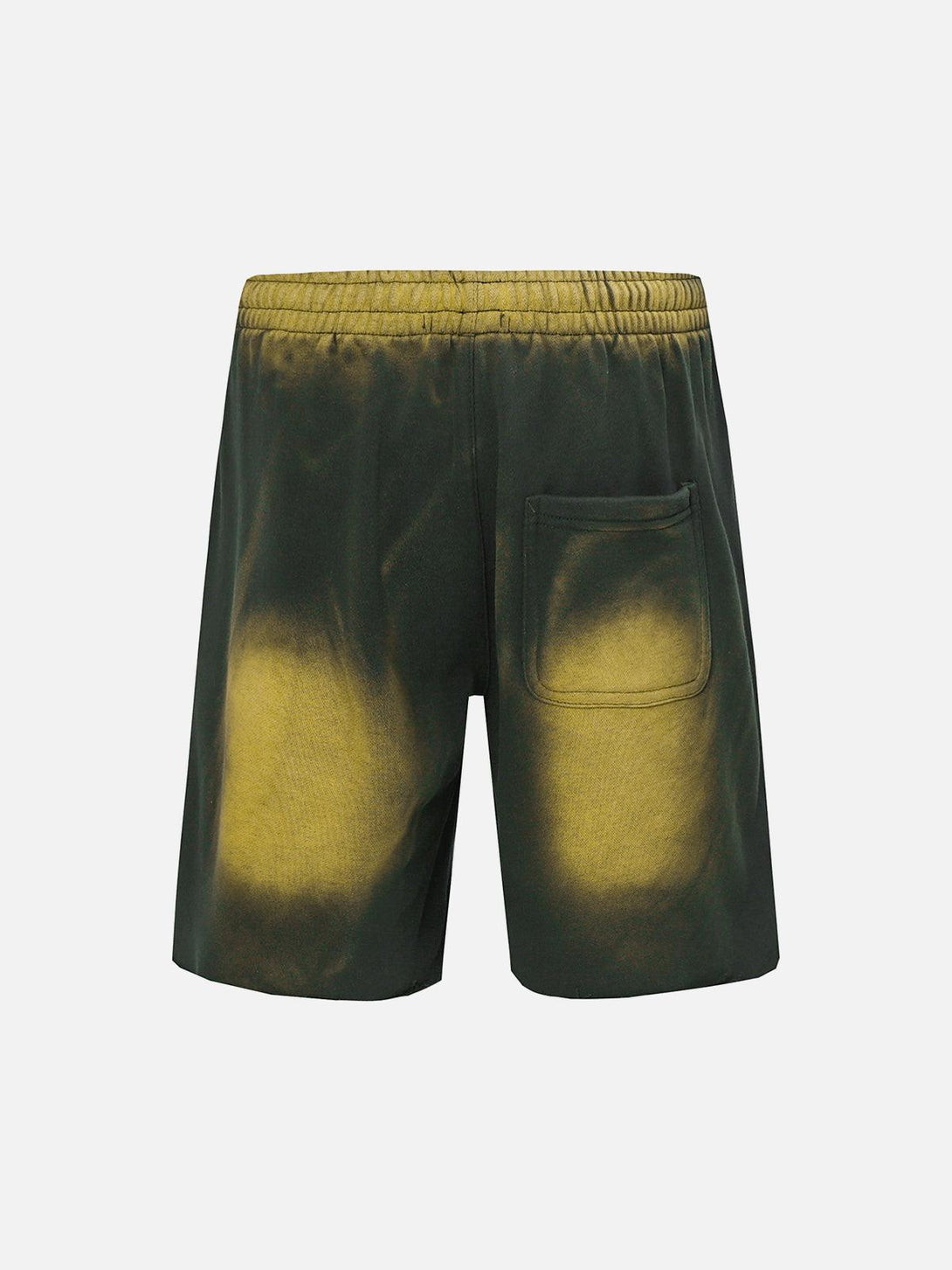 Back view of TALISHKO gradient drawstring shorts with a unique yellow and black design.