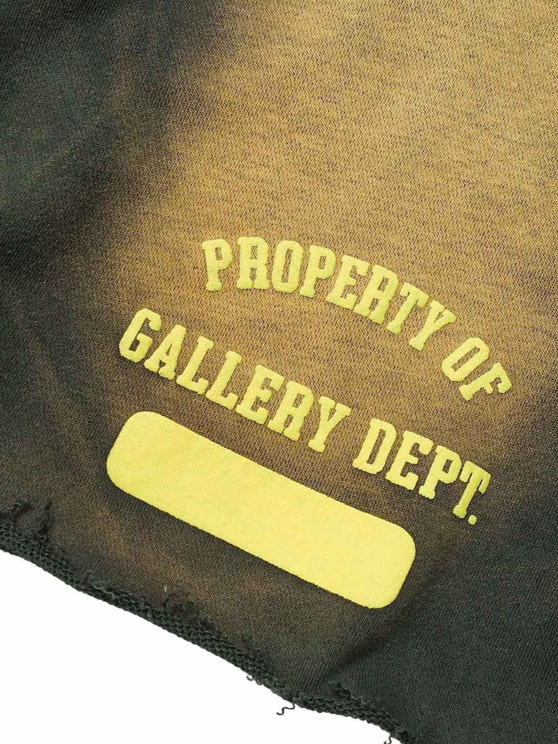 A close-up of TALISHKO drawstring shorts featuring gradient text and yellow accents.