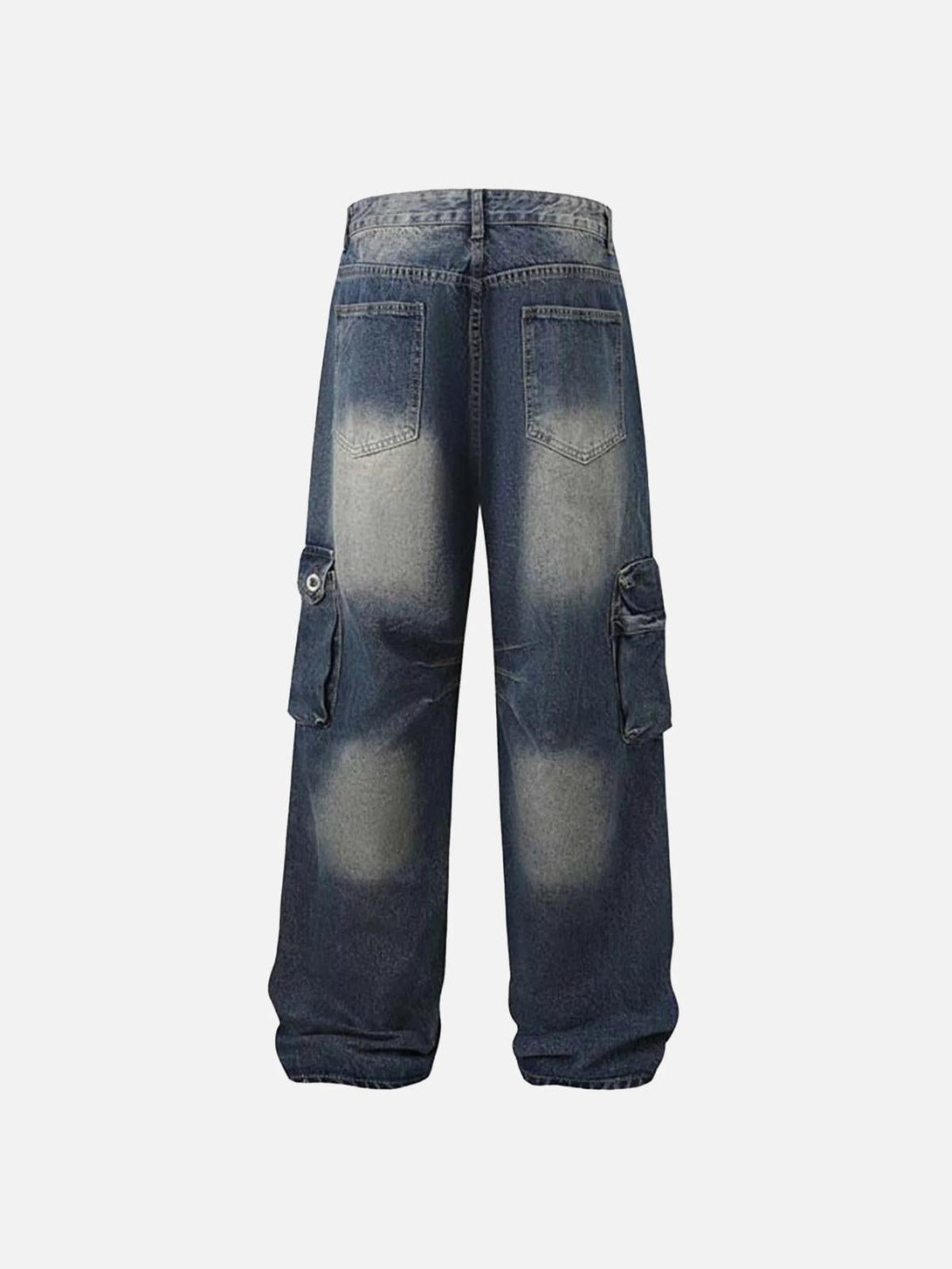 Back view of blue gradient cargo jeans by TALISHKO, showcasing multiple utility pockets.