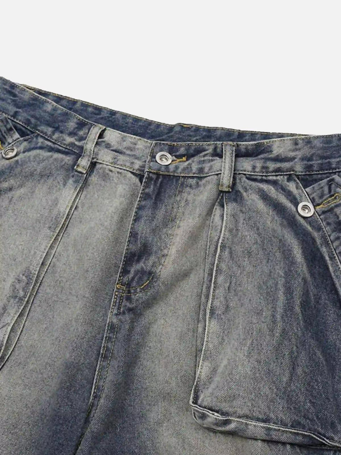 Zoomed-in texture of TALISHKO cargo jeans, highlighting detailed stitching and pocket design.