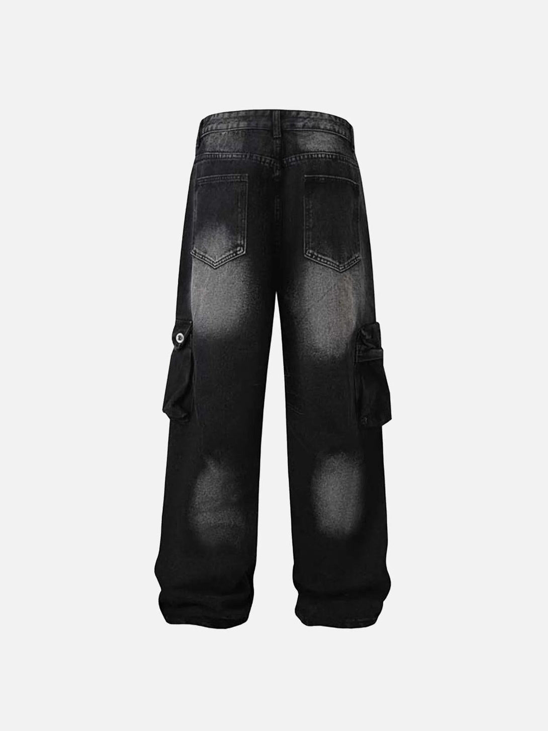 Back view of black gradient cargo jeans by TALISHKO, highlighting multiple functional pockets.