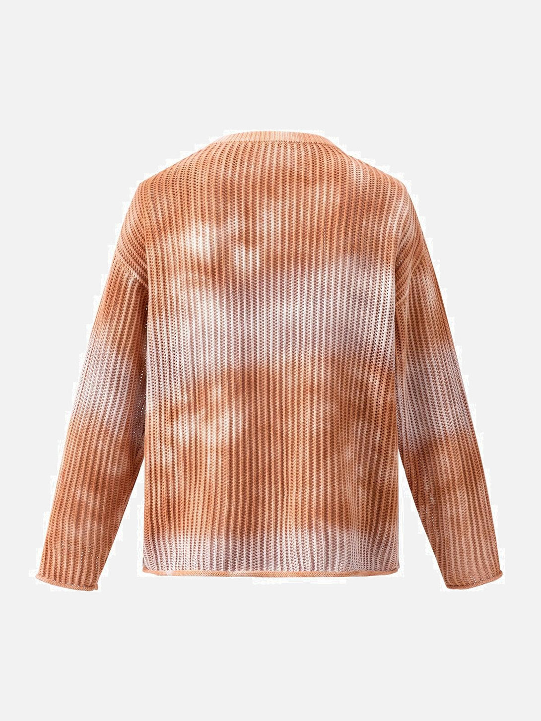Back view of TALISHKO's gradient ombre knit sweater, showcasing a stylish crew neck design.