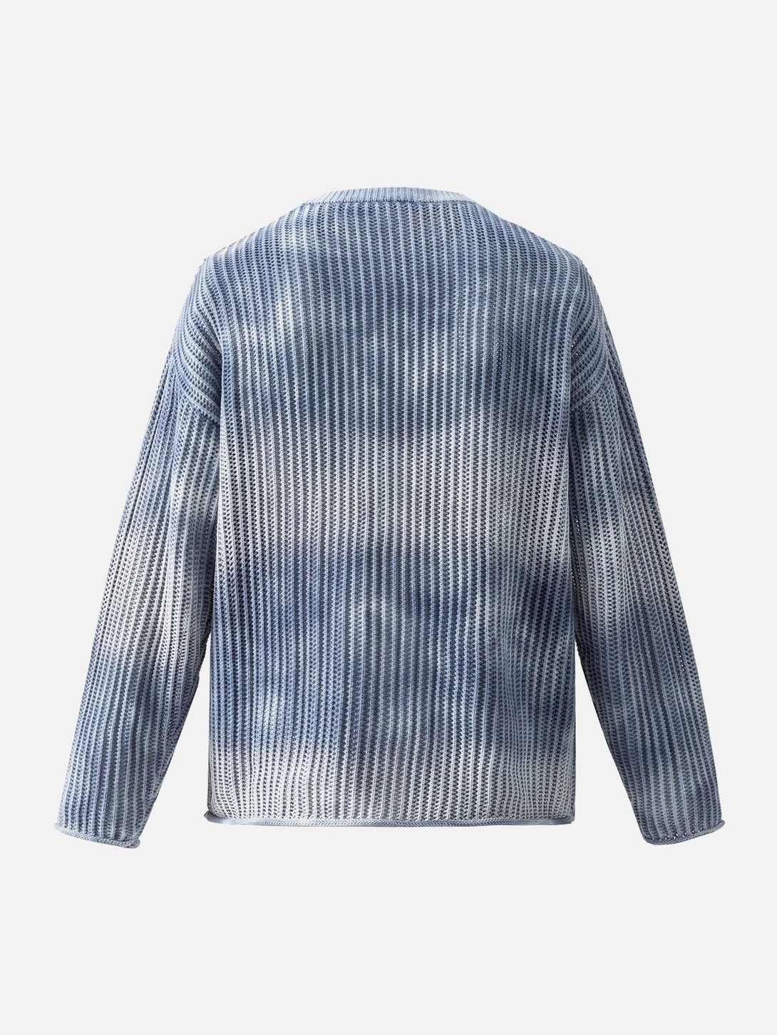 Back view of TALISHKO's gradient ombre knit sweater in blue, featuring a cozy crew neck design.