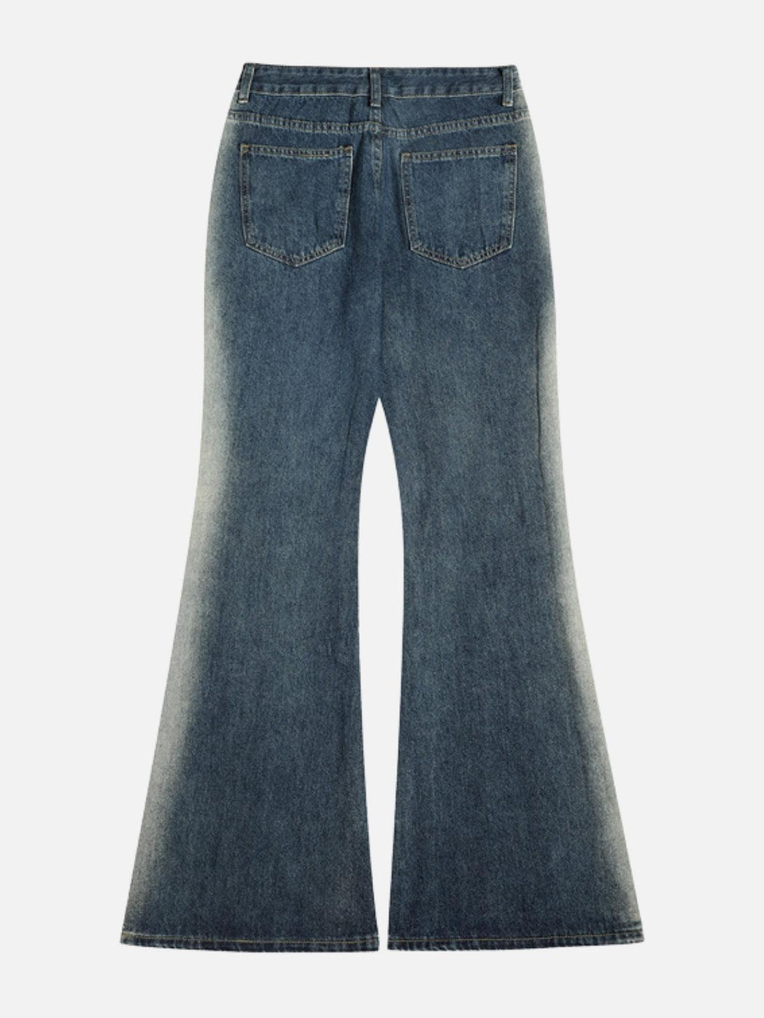 Back view of TALISHKO gradient patchwork jeans, highlighting the flared, wide-leg design.