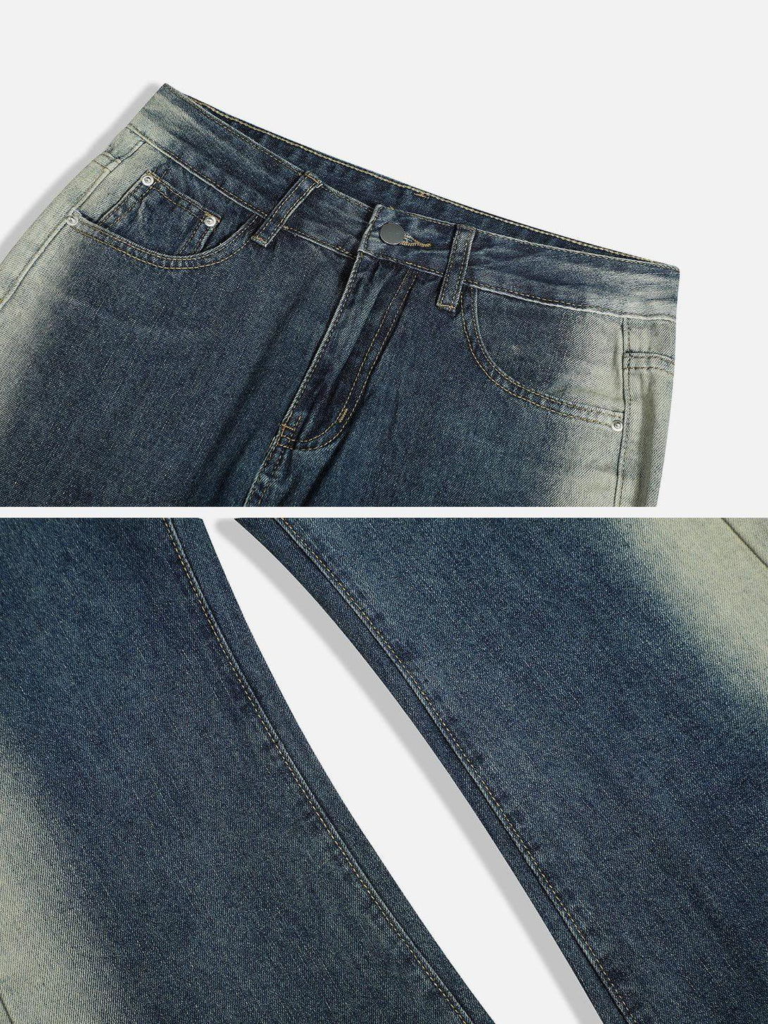 Detailed view of TALISHKO gradient patchwork jeans, highlighting unique fabric texture.