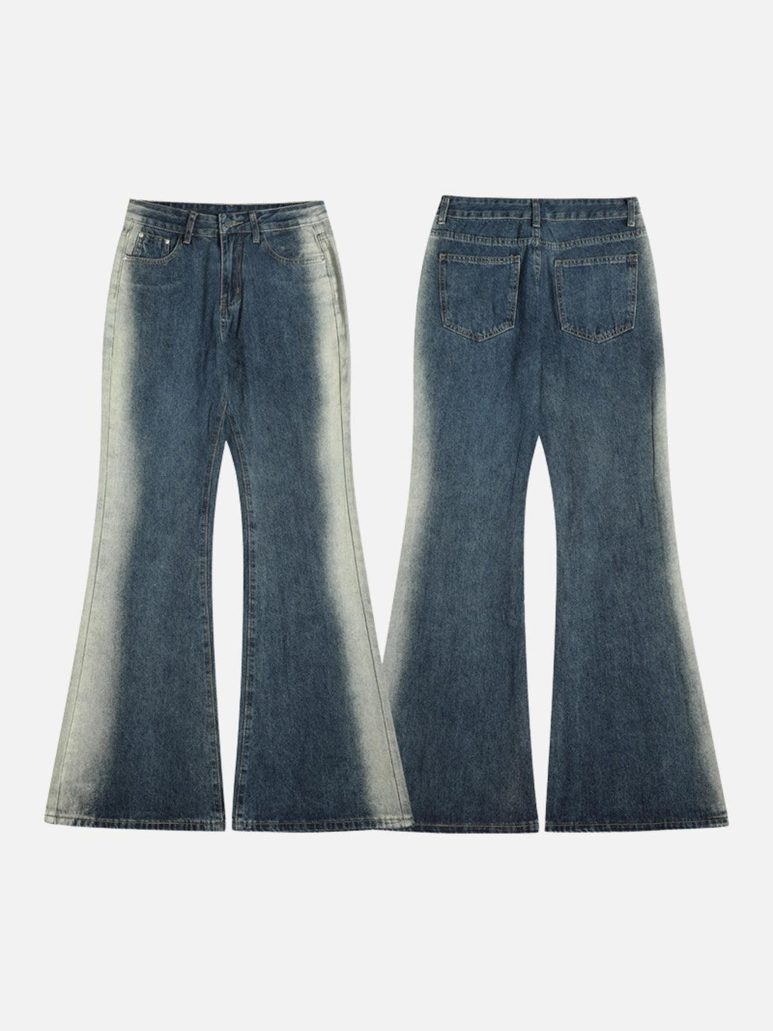 Gradient patchwork jeans by TALISHKO displayed front and back, featuring a dramatic flare.