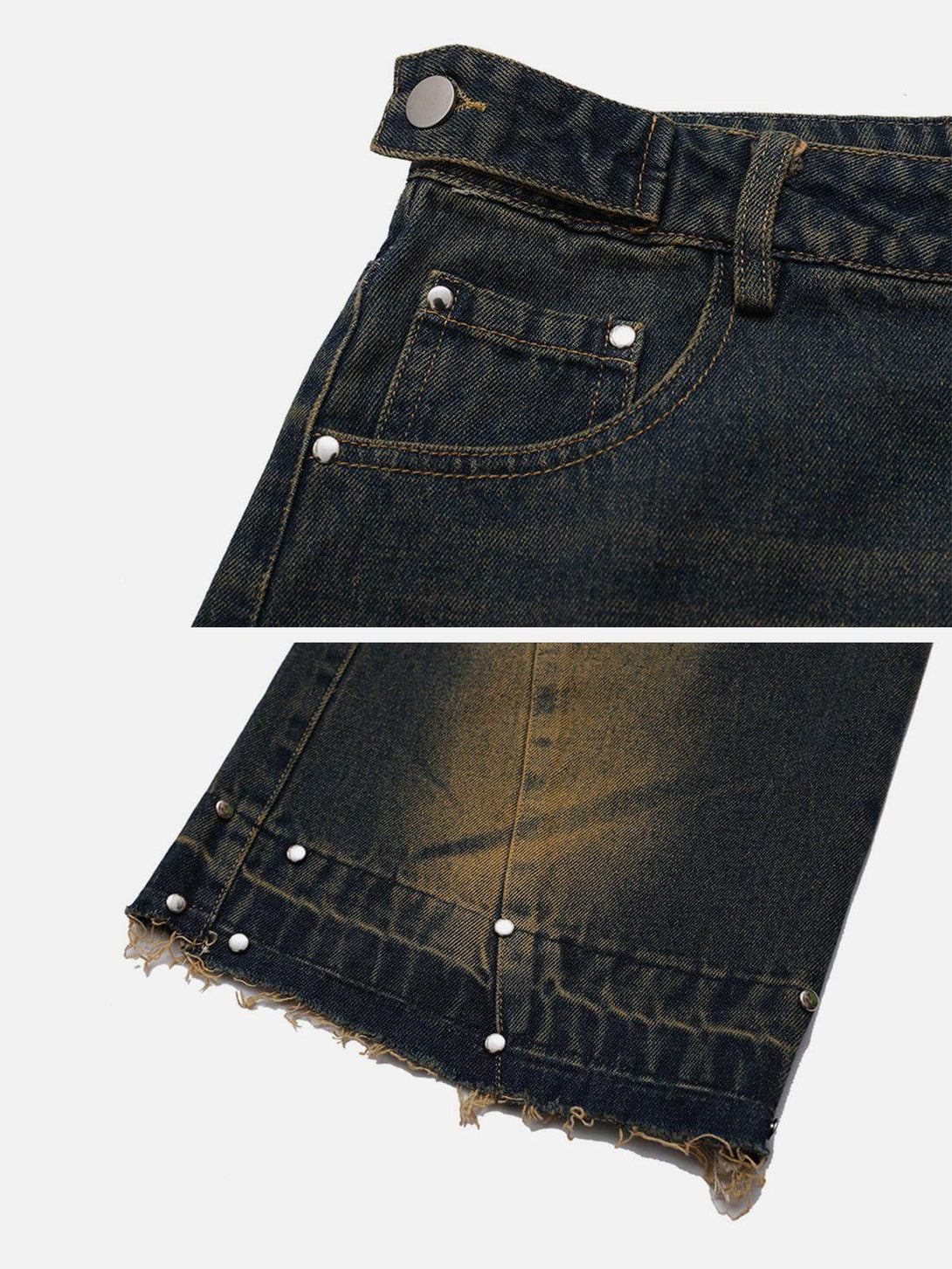 Detailed fabric and stitching on TALISHKO's gradient raw edge jeans, highlighting pocket rivets.